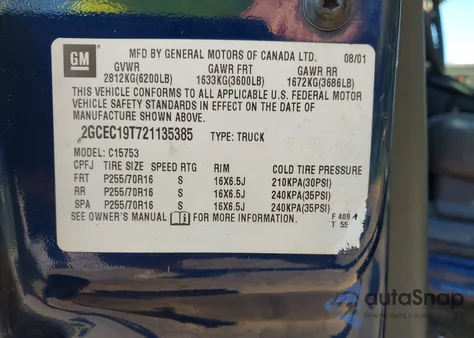 2002 Chevrolet Silverado 1500 z USA, uszkodzony, nr VIN 2GCEC19T721135385